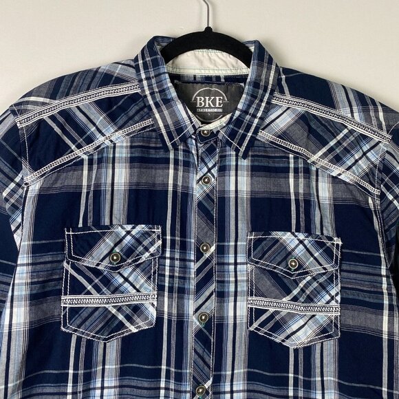 BKE Athletic Fit Button Up Shirt Mens Large Blue Plaid Athletic Fit Long Sleeve - Picture 2 of 11